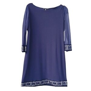 TIANA B. COCKTAIL DRESS SHIFT, NAVY BLUE, SHEER SLEEVES,  SIZE 10